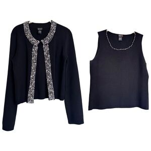 Evie SILK Black Silver Sequin Twinset Cardigan Sweater Knit Top 2 Piece Set Sz L